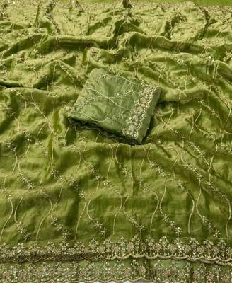 Olive Sequence Embroidery Cut Border Art Silk Saree 5
