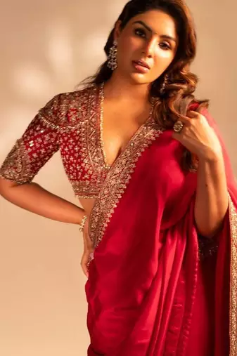 Red Sequin Embroidery Rangoli Silk Blend Saree