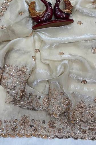 White Color Beads And Sequence Embroidery Work Space Silk Blend Saree