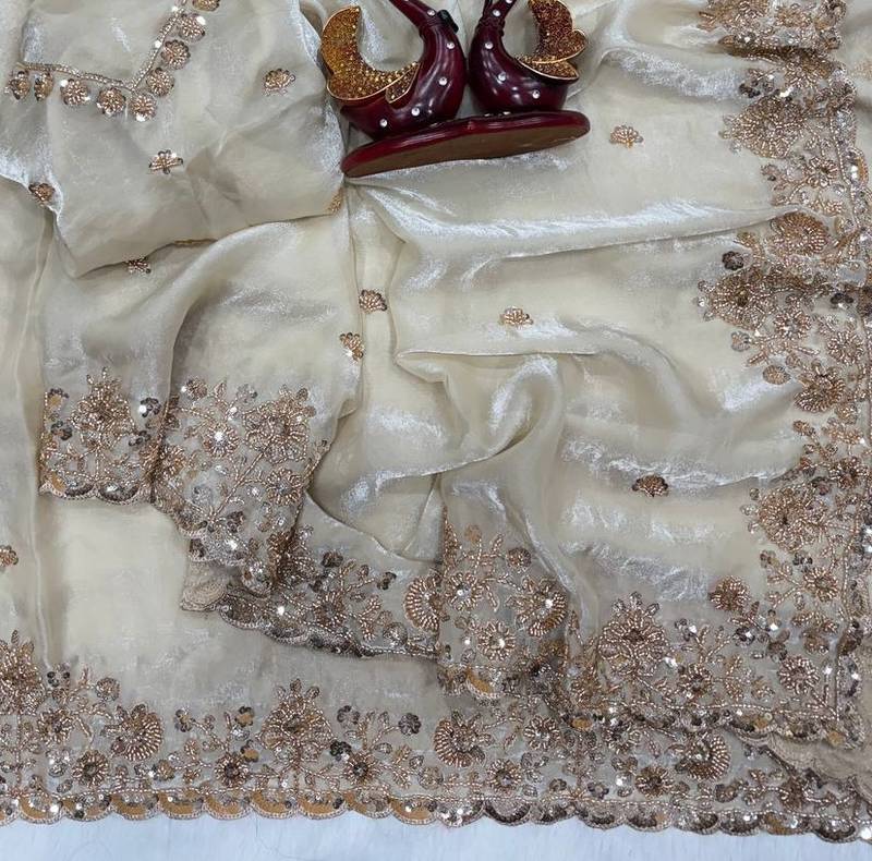 White Color Beads And Sequence Embroidery Work Space Silk Blend Saree