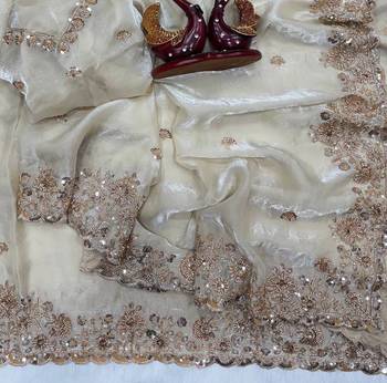White Color Beads And Sequence Embroidery Work Space Silk Blend Saree 1