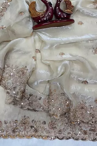 White Color Beads And Sequence Embroidery Work Space Silk Blend Saree