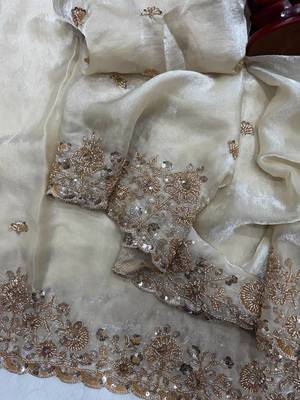 White Color Beads And Sequence Embroidery Work Space Silk Blend Saree 2