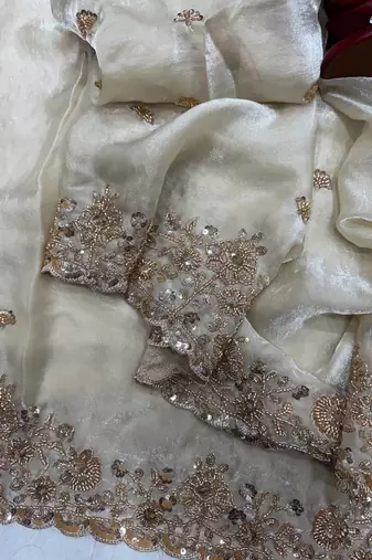 White Color Beads And Sequence Embroidery Work Space Silk Blend Saree