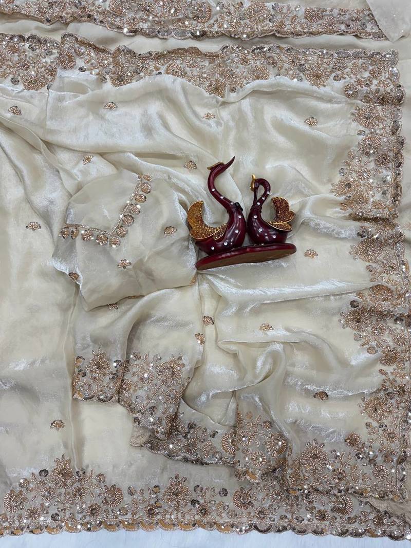 White Color Beads And Sequence Embroidery Work Space Silk Blend Saree