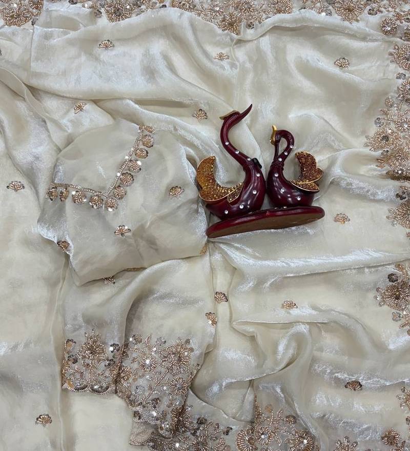 White Color Beads And Sequence Embroidery Work Space Silk Blend Saree
