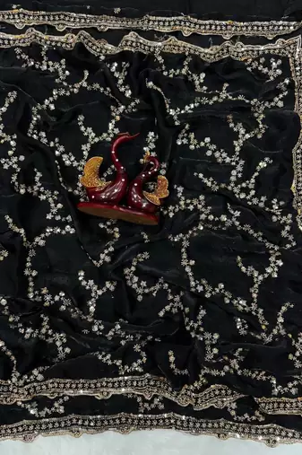 Black Beads And Sequin Embroidery Space Silk Saree