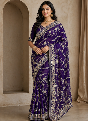 Purple Color Sequence And Zari Embroidery Work Silk Saree 1