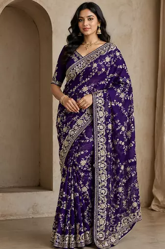 Purple Color Sequence And Zari Embroidery Work Silk Saree