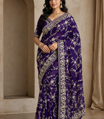 Purple Color Sequence And Zari Embroidery Work Silk Saree