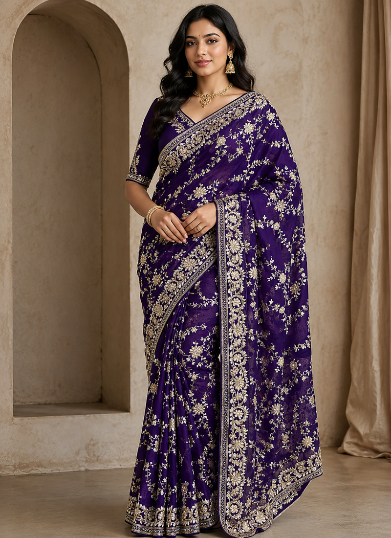 Purple Color Sequence And Zari Embroidery Work Silk Saree
