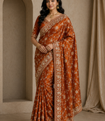 Orange Color Sequence And Zari Embroidery Work Silk Saree