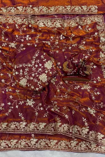 Orange Color Sequence And Zari Embroidery Work Silk Saree