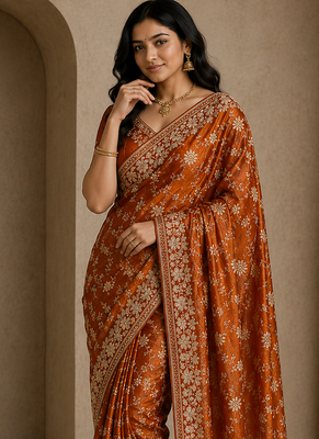 Orange Color Sequence And Zari Embroidery Work Silk Saree 3