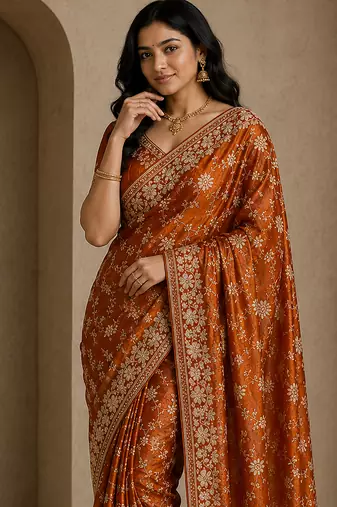 Orange Color Sequence And Zari Embroidery Work Silk Saree