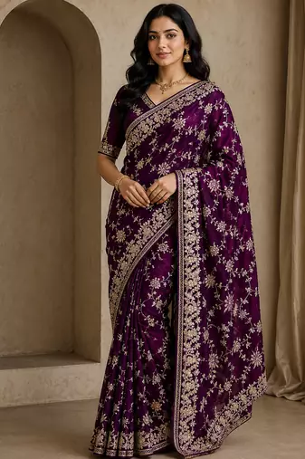 Plum Color Sequence And Zari Embroidery Work Silk Saree