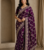 Plum Color Sequence And Zari Embroidery Work Silk Saree
