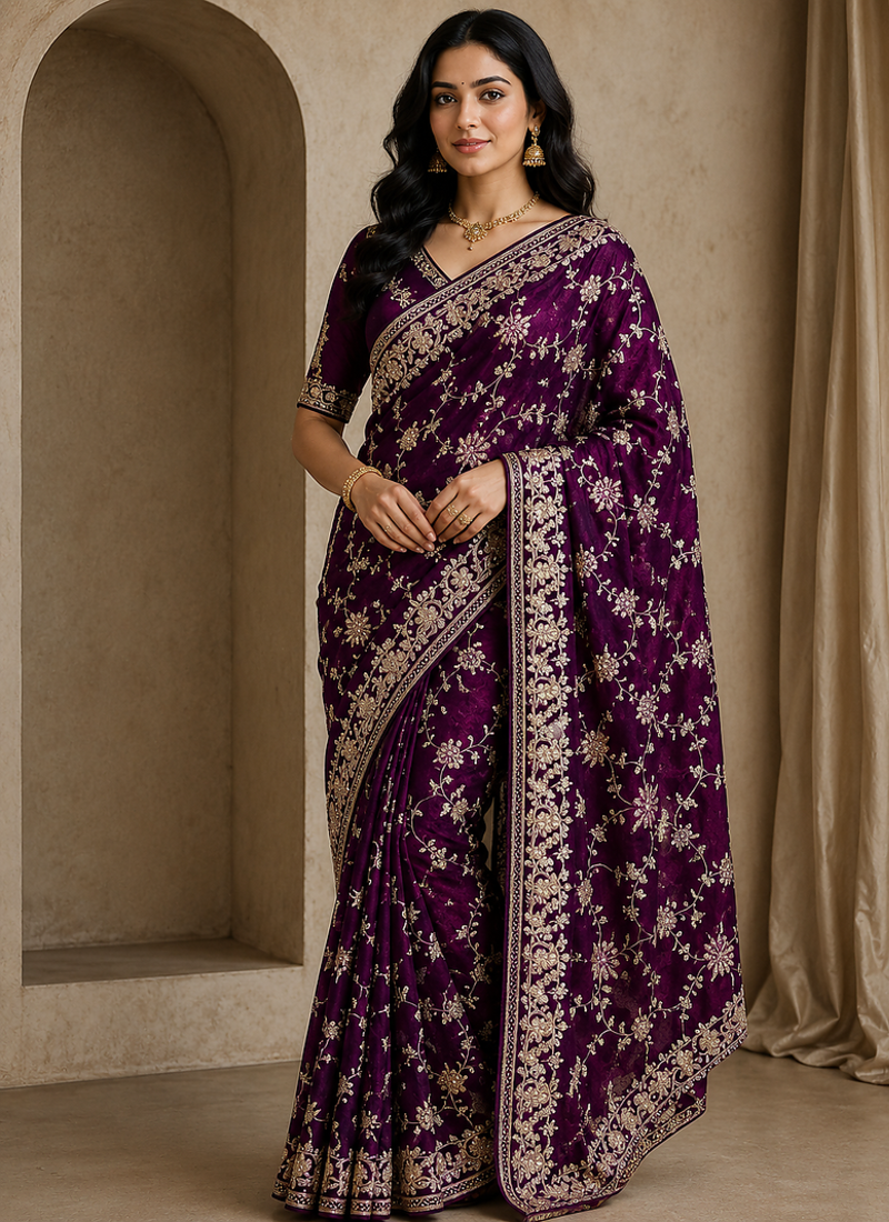 Plum Color Sequence And Zari Embroidery Work Silk Saree