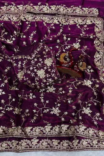Plum Color Sequence And Zari Embroidery Work Silk Saree