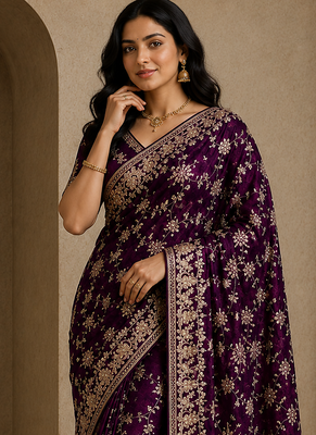 Plum Color Sequence And Zari Embroidery Work Silk Saree 3