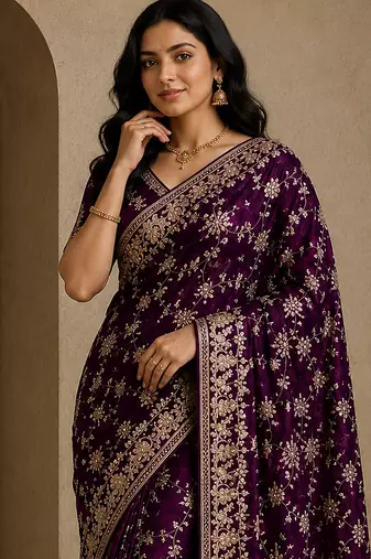 Plum Color Sequence And Zari Embroidery Work Silk Saree