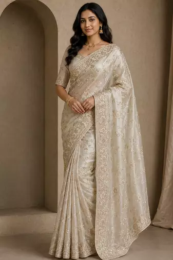 Beige Color Sequence And Zari Embroidery Work Silk Saree