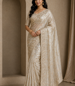 Beige Color Sequence And Zari Embroidery Work Silk Saree