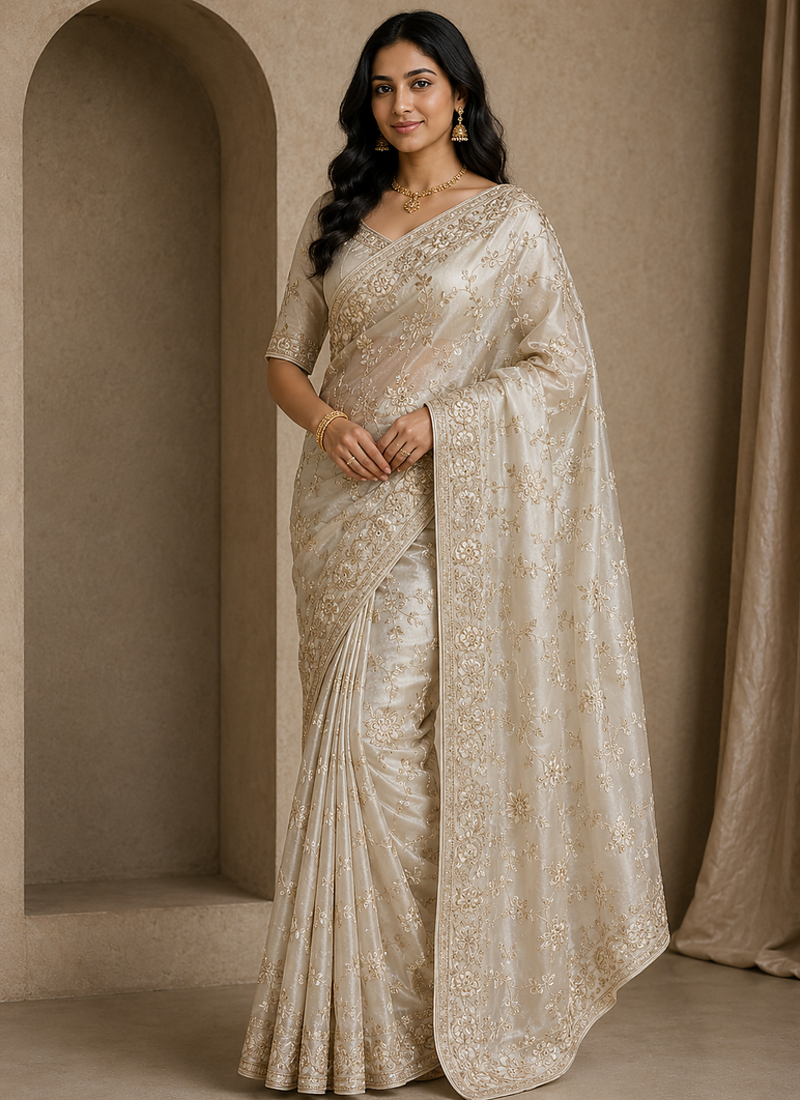 Beige Color Sequence And Zari Embroidery Work Silk Saree