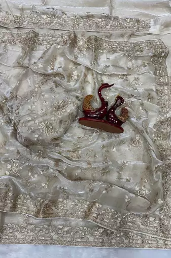 Beige Color Sequence And Zari Embroidery Work Silk Saree