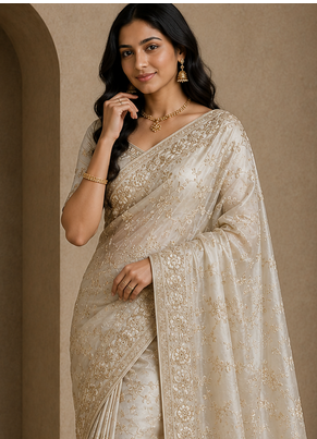 Beige Color Sequence And Zari Embroidery Work Silk Saree 3