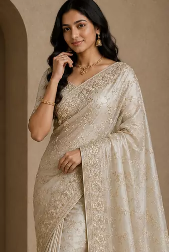 Beige Color Sequence And Zari Embroidery Work Silk Saree