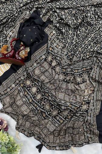 Black Color Ajarakh Print Zari And Real Mirror Work Saree Crepe Silk Saree
