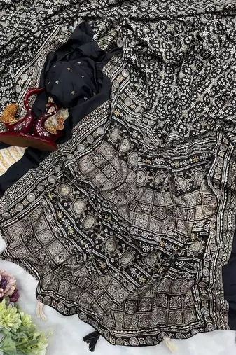 Black Color Ajarakh Print Zari And Real Mirror Work Saree Crepe Silk Saree
