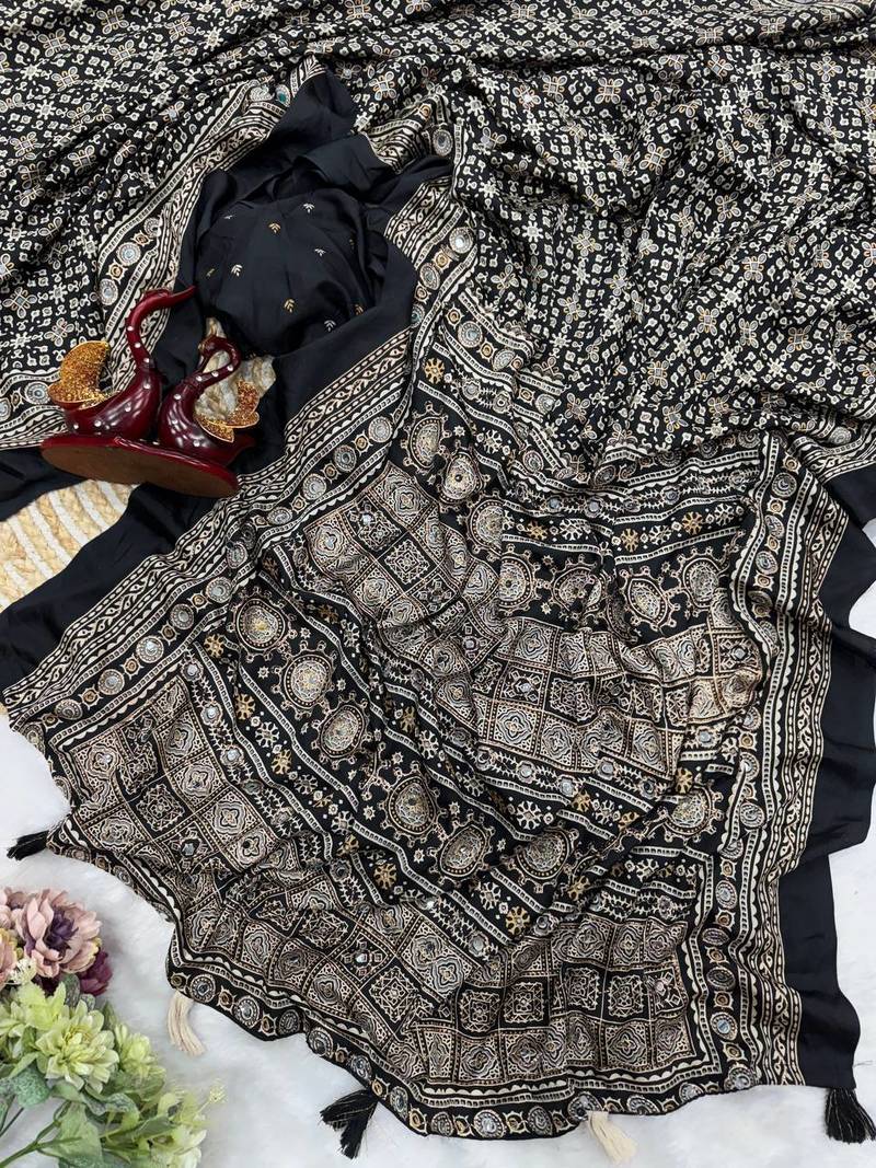 Black Color Ajarakh Print Zari And Real Mirror Work Saree Crepe Silk Saree