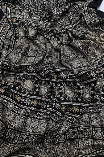 Black Color Ajarakh Print Zari And Real Mirror Work Saree Crepe Silk Saree