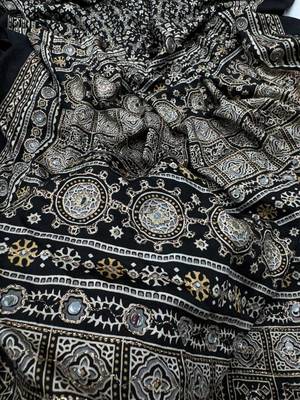 Black Color Ajarakh Print Zari And Real Mirror Work Saree Crepe Silk Saree 3