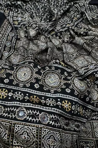 Black Color Ajarakh Print Zari And Real Mirror Work Saree Crepe Silk Saree
