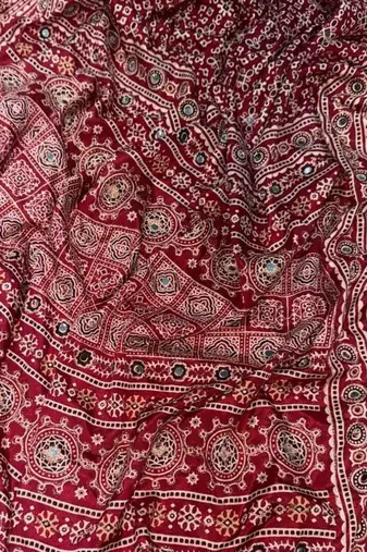 Maroon Ajarakh Print Zari Real Mirror Saree Crepe Silk