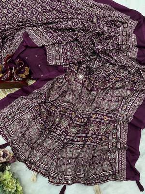 Plum Ajarakh Print Zari Real Mirror Saree Crepe Silk 1