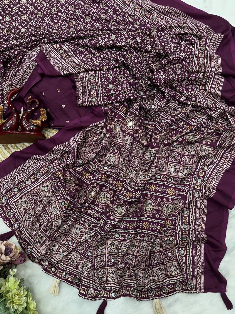 Plum Ajarakh Print Zari Real Mirror Saree Crepe Silk
