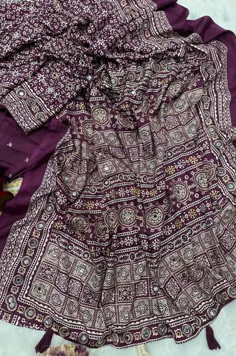 Plum Ajarakh Print Zari Real Mirror Saree Crepe Silk