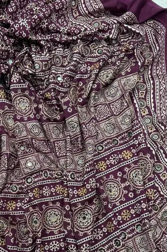 Plum Ajarakh Print Zari Real Mirror Saree Crepe Silk