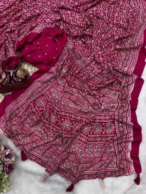 Rani Pink Color Ajarakh Print Zari And Real Mirror Work Saree Crepe Silk Saree 1