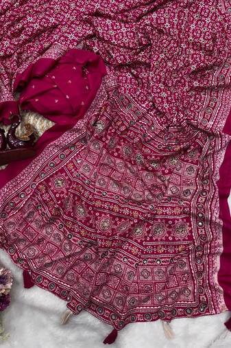 Rani Pink Color Ajarakh Print Zari And Real Mirror Work Saree Crepe Silk Saree
