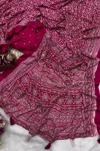 Rani Pink Color Ajarakh Print Zari And Real Mirror Work Saree Crepe Silk Saree