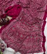 Rani Pink Color Ajarakh Print Zari And Real Mirror Work Saree Crepe Silk Saree