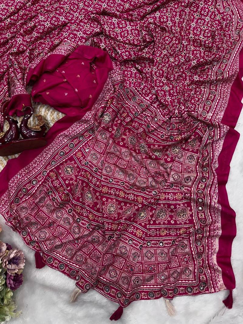 Rani Pink Color Ajarakh Print Zari And Real Mirror Work Saree Crepe Silk Saree