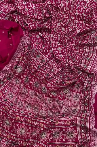 Rani Pink Color Ajarakh Print Zari And Real Mirror Work Saree Crepe Silk Saree