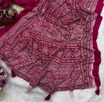 Rani Pink Color Ajarakh Print Zari And Real Mirror Work Saree Crepe Silk Saree 3