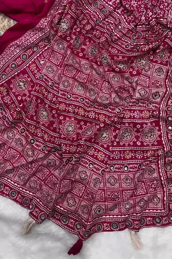 Rani Pink Color Ajarakh Print Zari And Real Mirror Work Saree Crepe Silk Saree